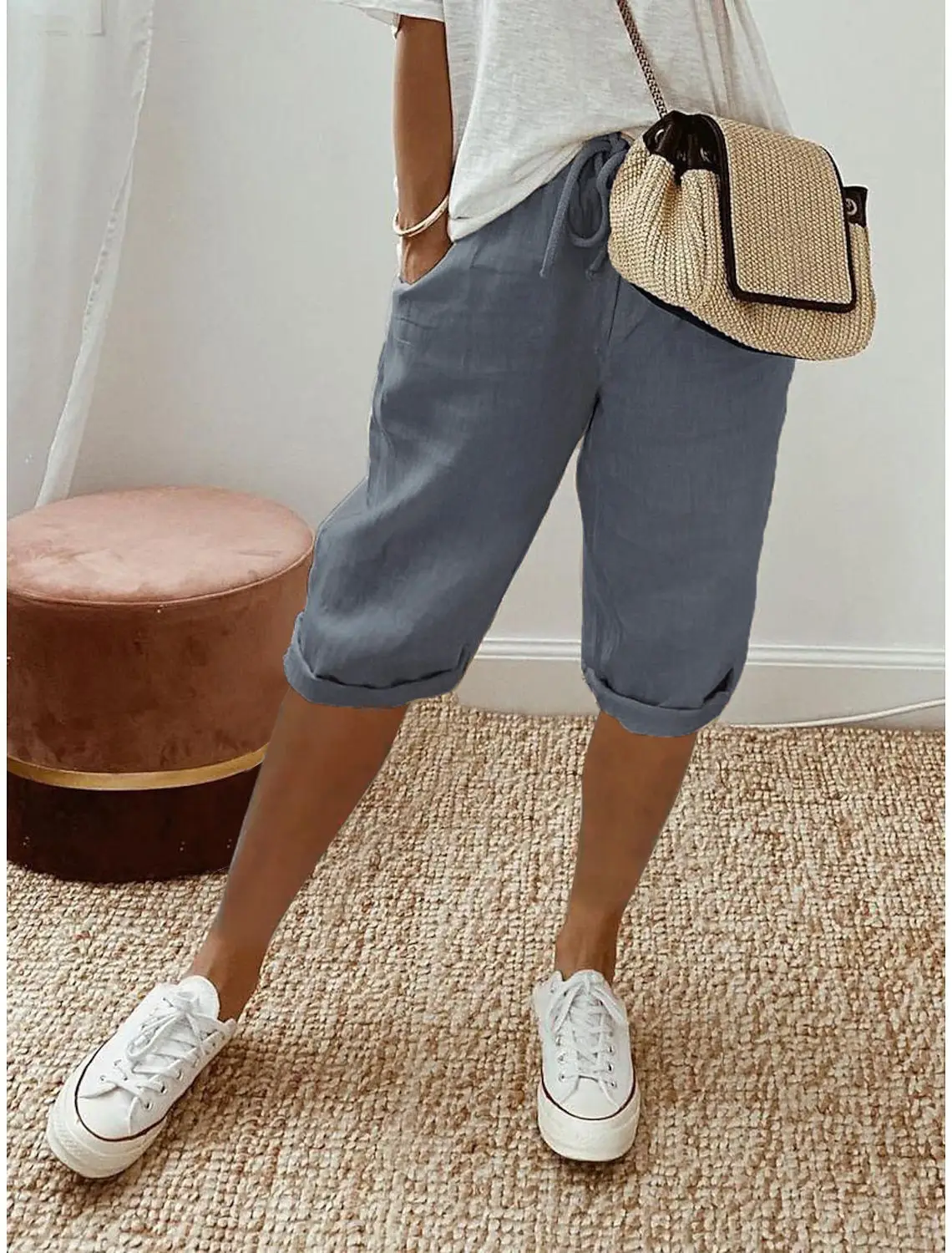 Women's Cotton And Linen Pocket Elasticated Slacks Women's Fifth Pants