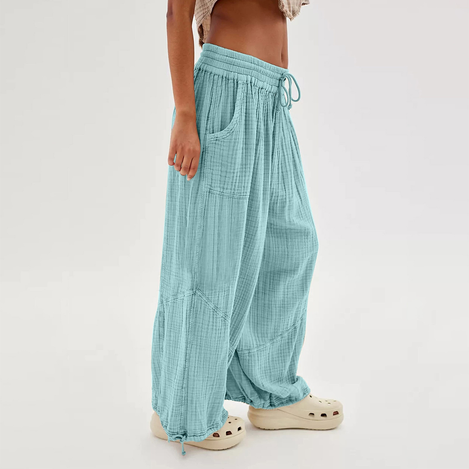Fashionable Solid-Colored Wide-Leg Pants With Ties And Pockets Long Pants