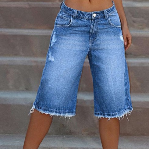 Ripped Denim Shorts With Raw Edges