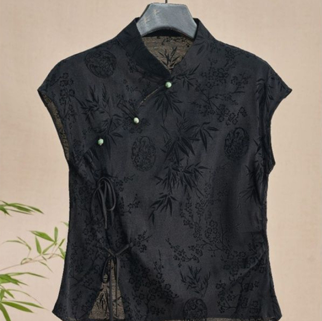 Women's Retro Frog-Button Slant-Collar Black Jacquard Short-Sleeve Shirt
