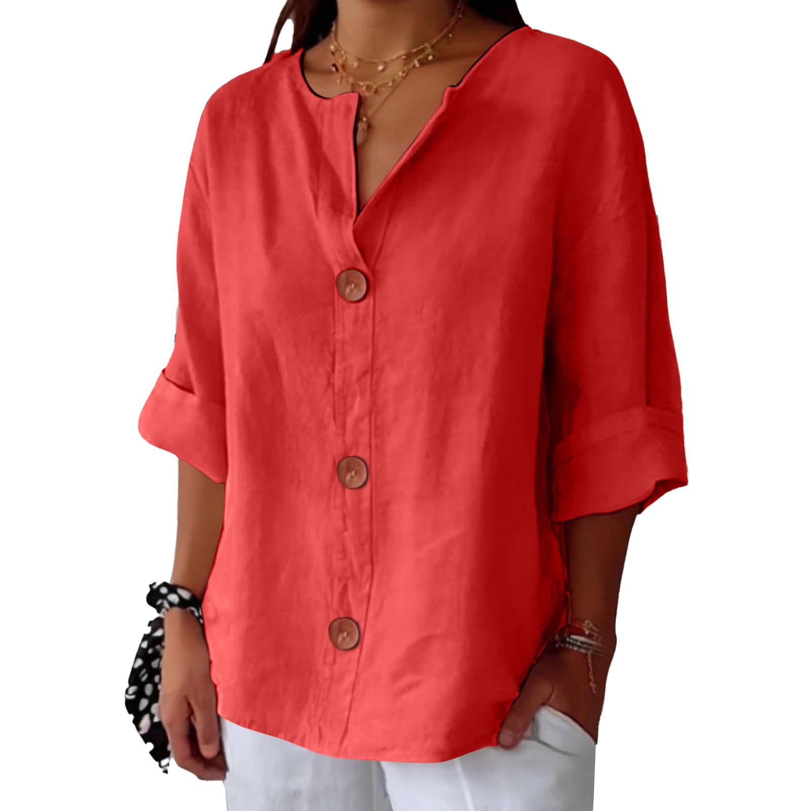 Women’s V-neck cotton linen buttoned blouse in multiple colors