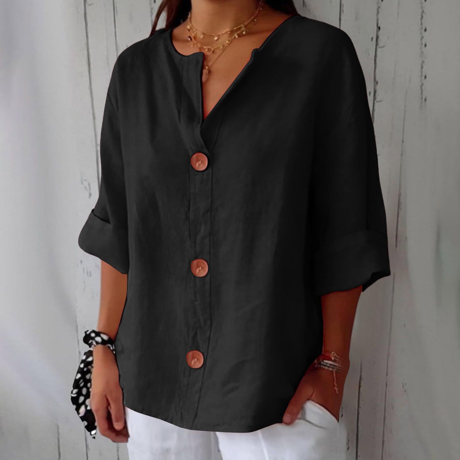 Women’s V-neck cotton linen buttoned blouse in multiple colors