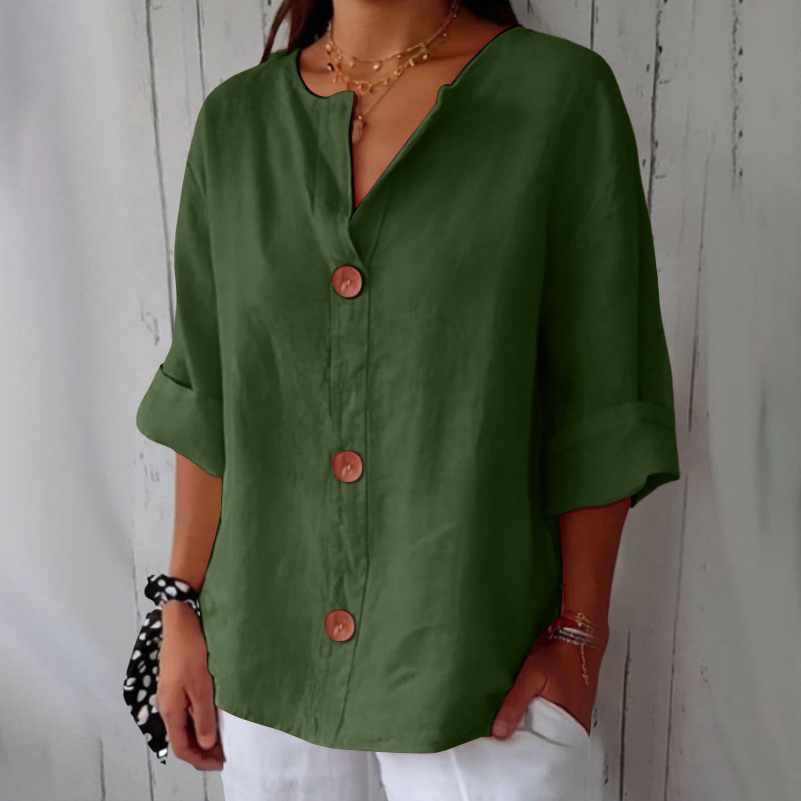 Women’s V-neck cotton linen buttoned blouse in multiple colors