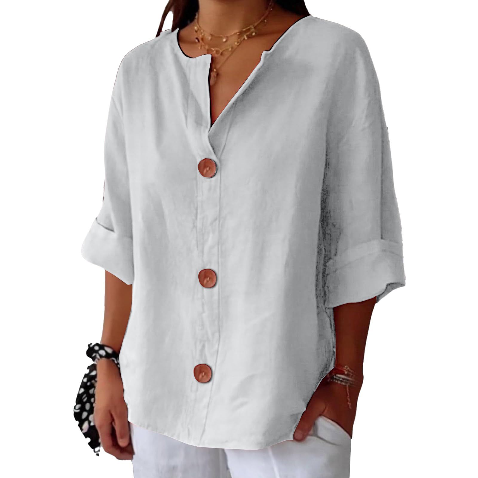 Women’s V-neck cotton linen buttoned blouse in multiple colors
