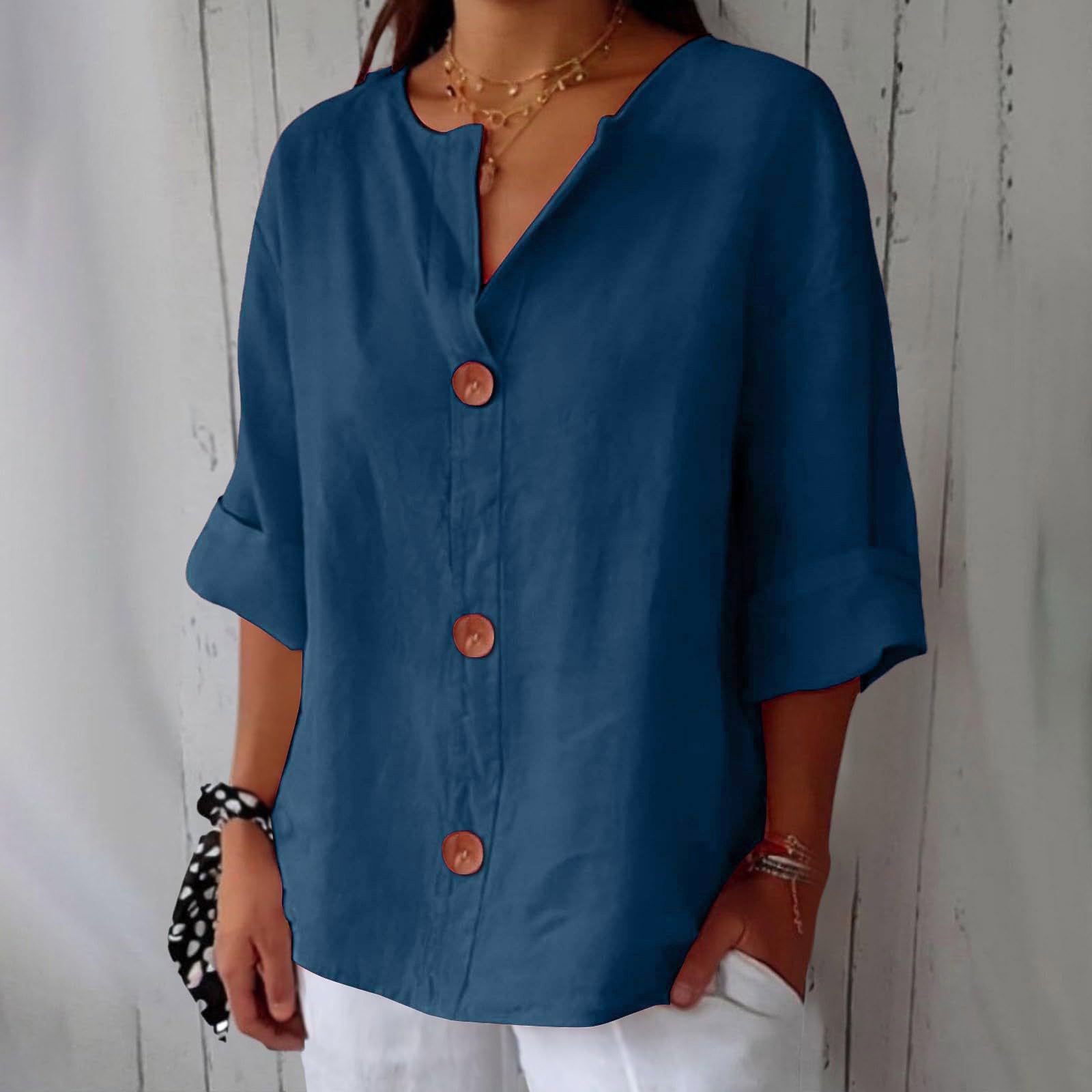 Women’s V-neck cotton linen buttoned blouse in multiple colors