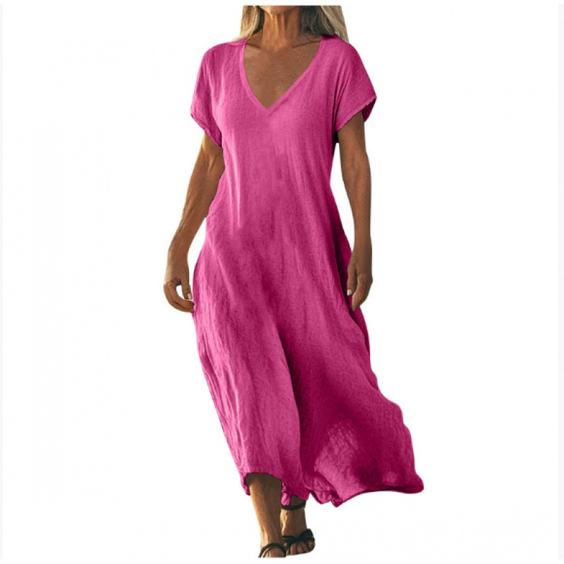 Cotton Linen V-neck Short Sleeve Loose Dress Women's Clothing