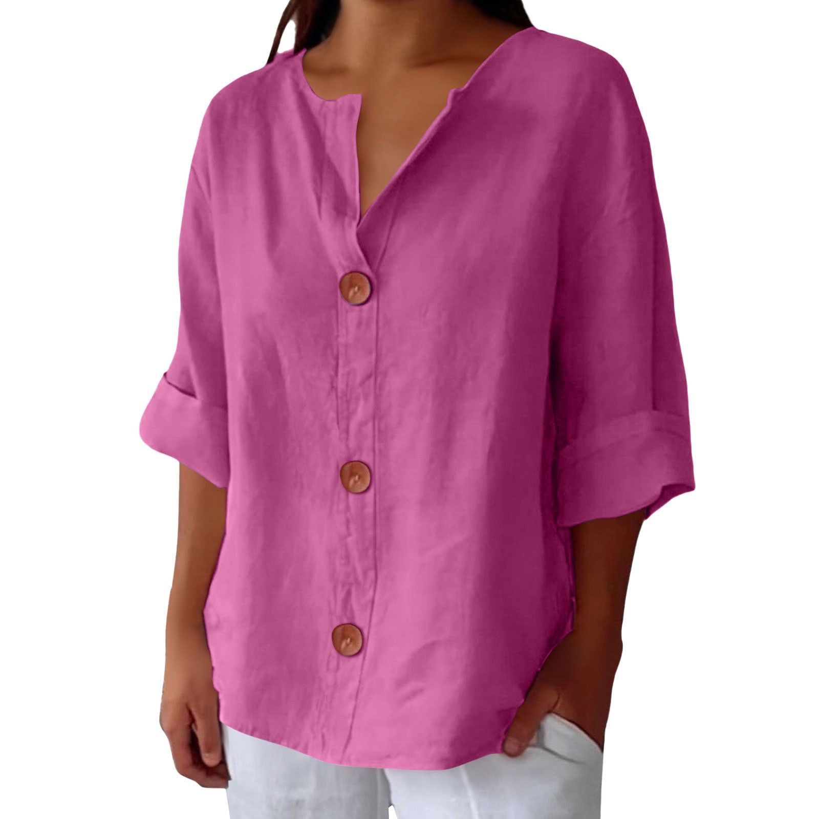 Women’s V-neck cotton linen buttoned blouse in multiple colors