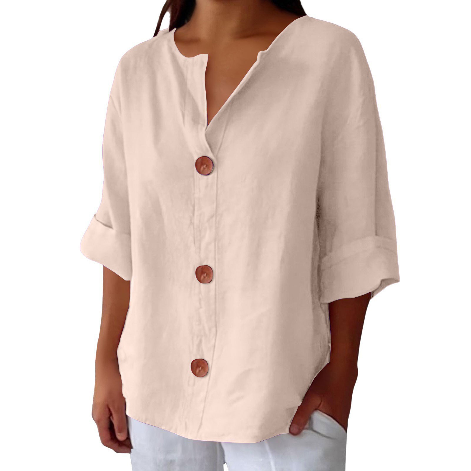 Women’s V-neck cotton linen buttoned blouse in multiple colors