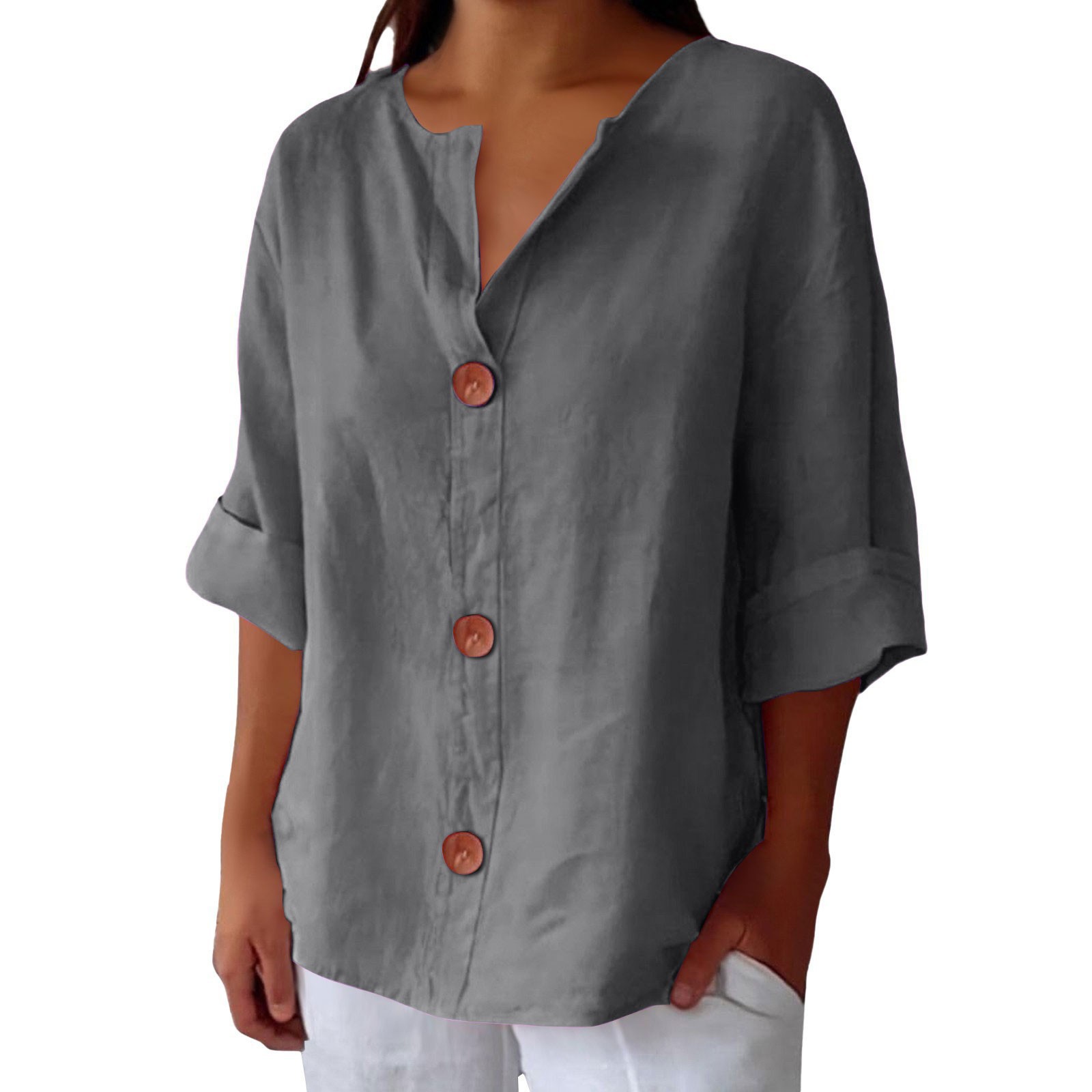 Women’s V-neck cotton linen buttoned blouse in multiple colors
