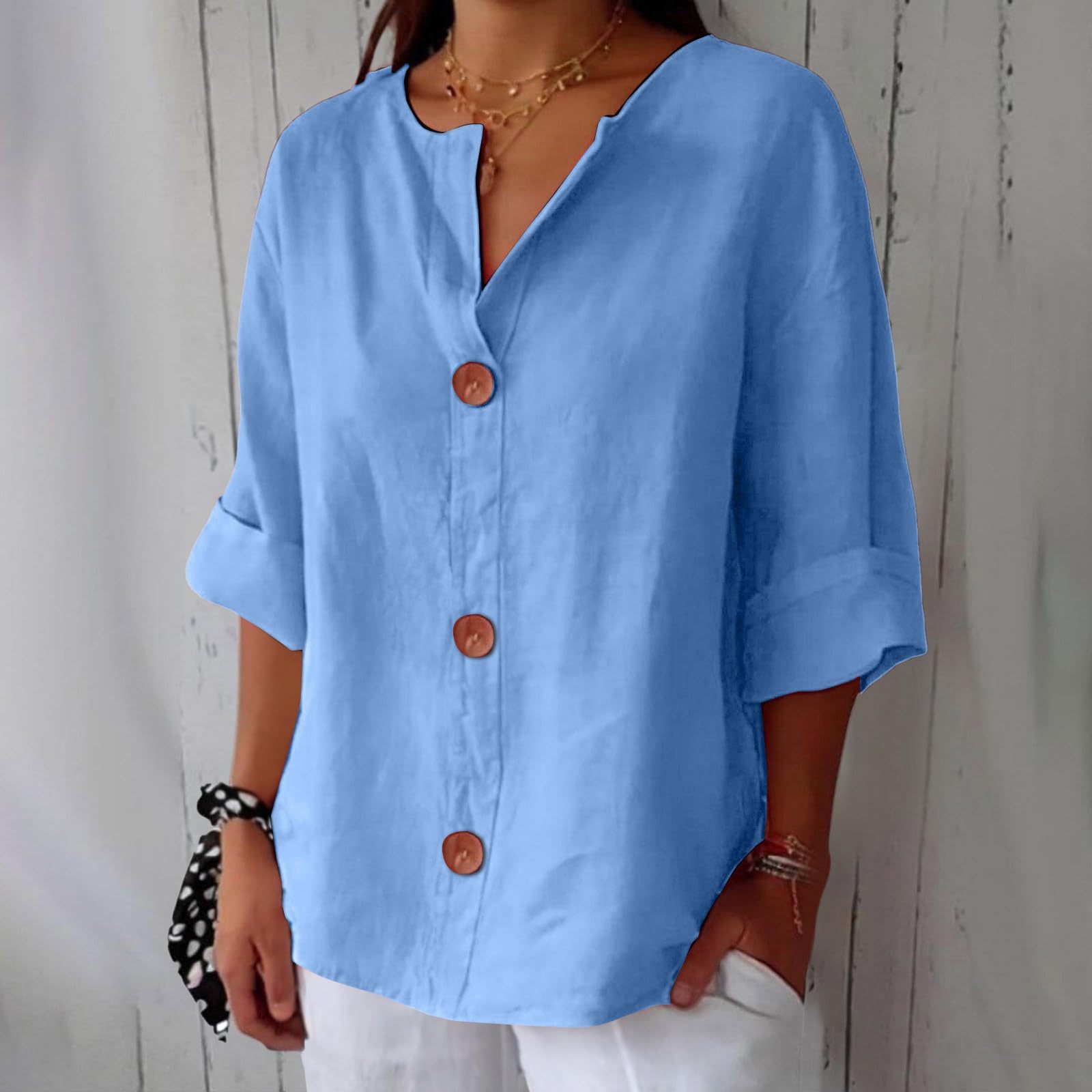 Women’s V-neck cotton linen buttoned blouse in multiple colors