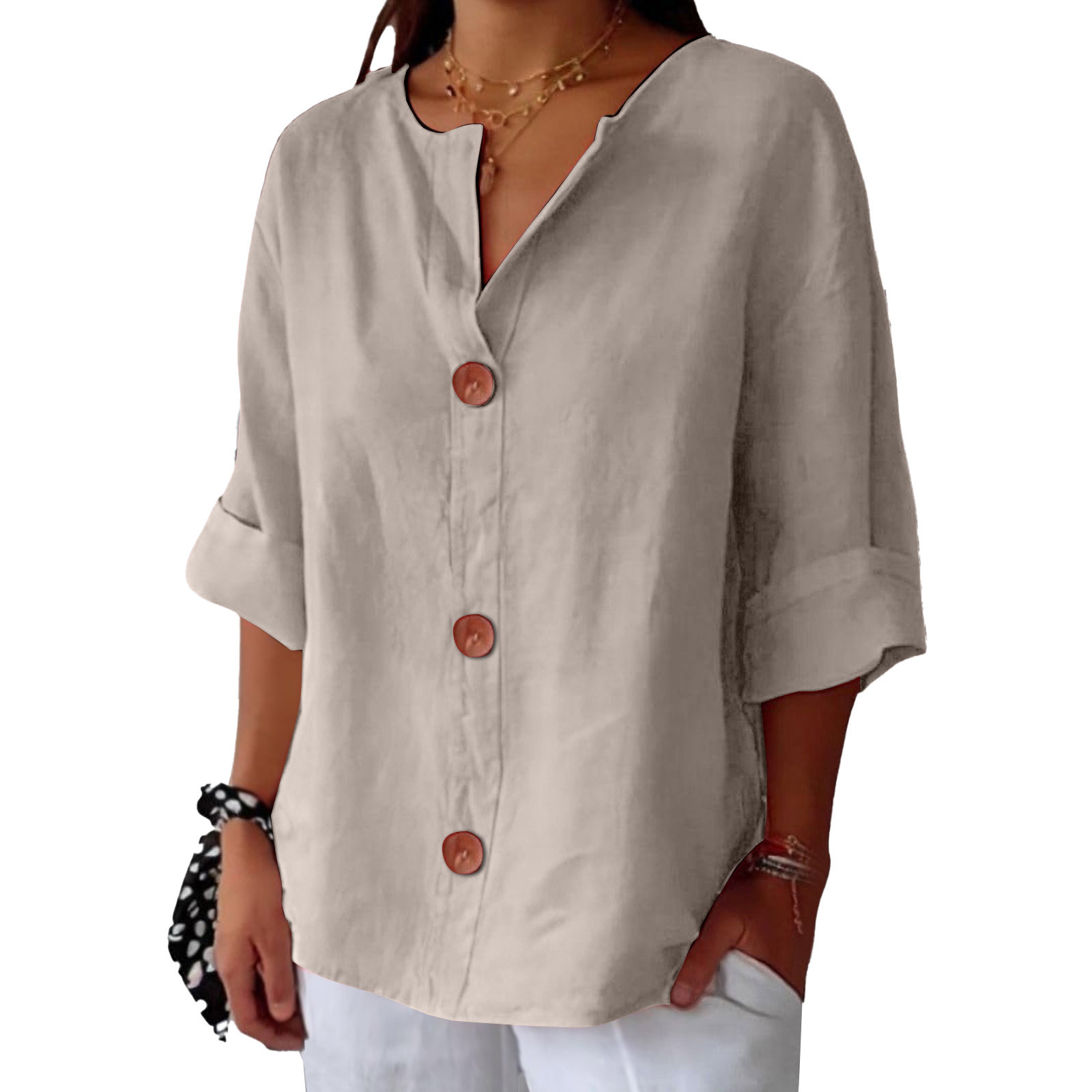 Women’s V-neck cotton linen buttoned blouse in multiple colors