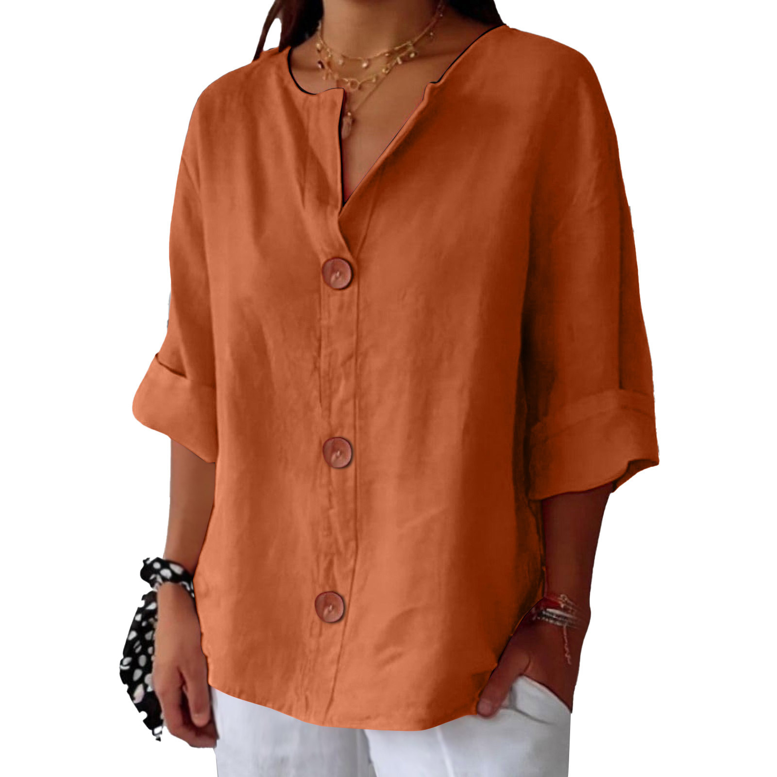 Women’s V-neck cotton linen buttoned blouse in multiple colors