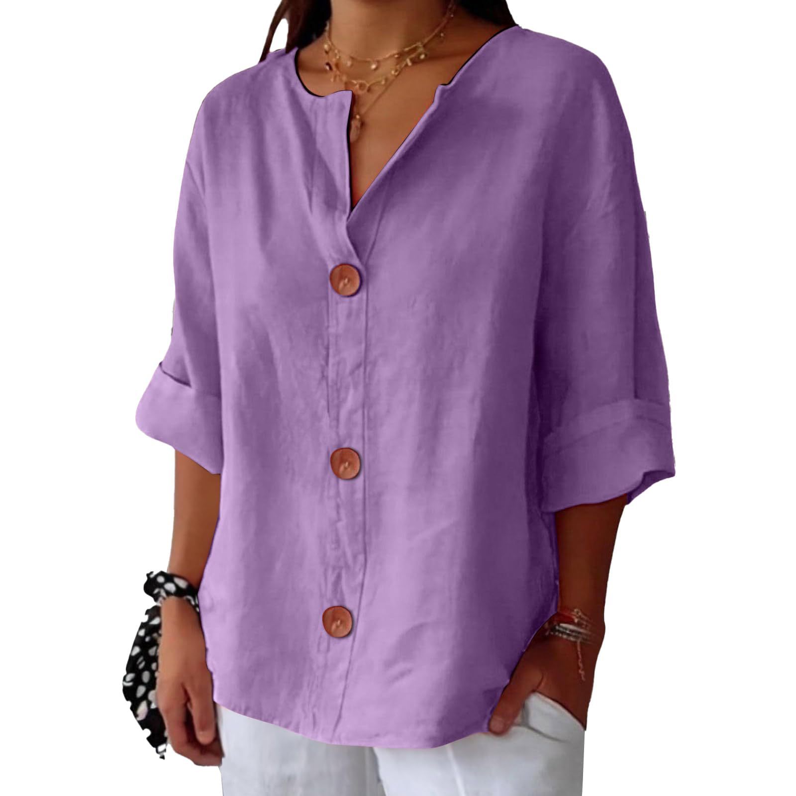 Women’s V-neck cotton linen buttoned blouse in multiple colors