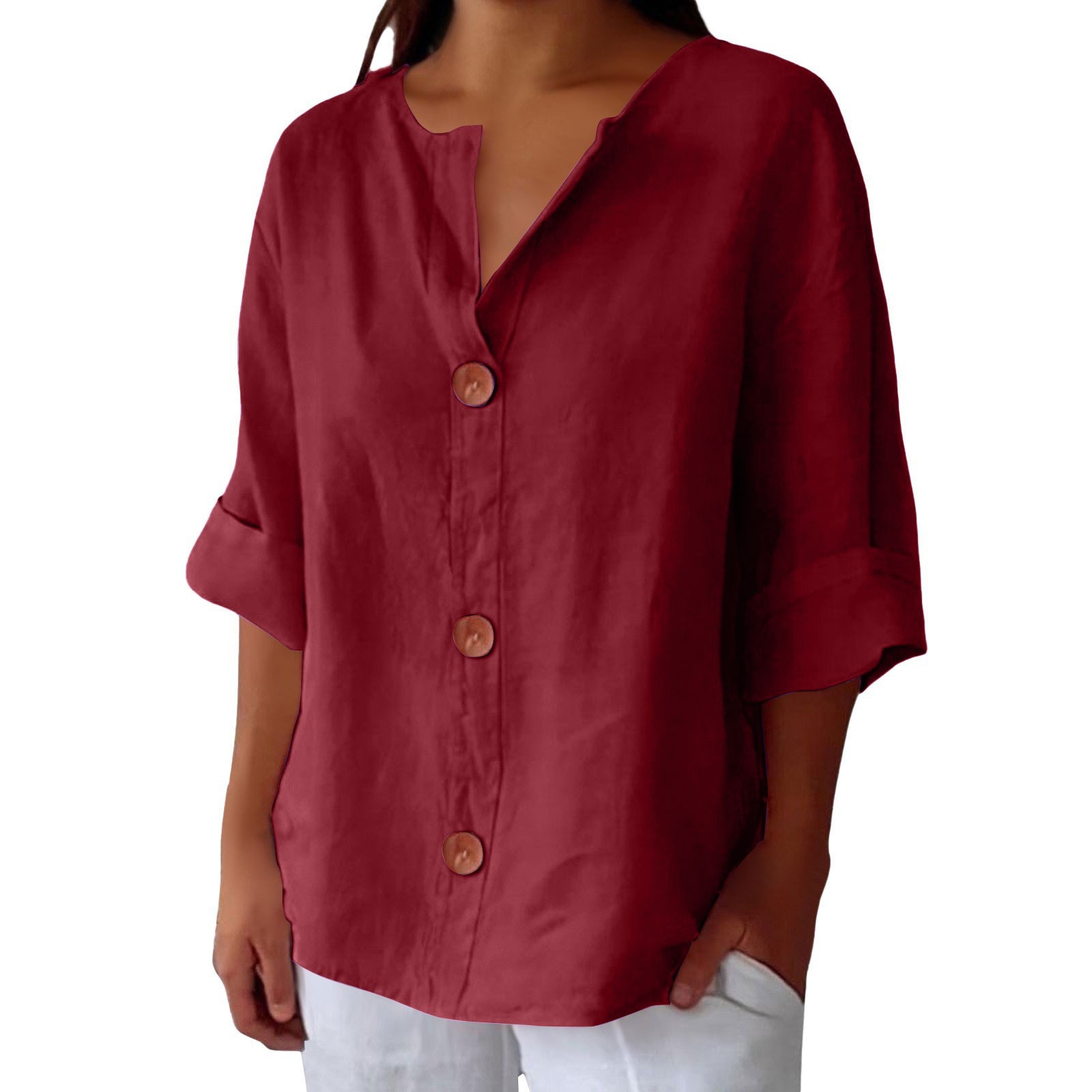 Women’s V-neck cotton linen buttoned blouse in multiple colors