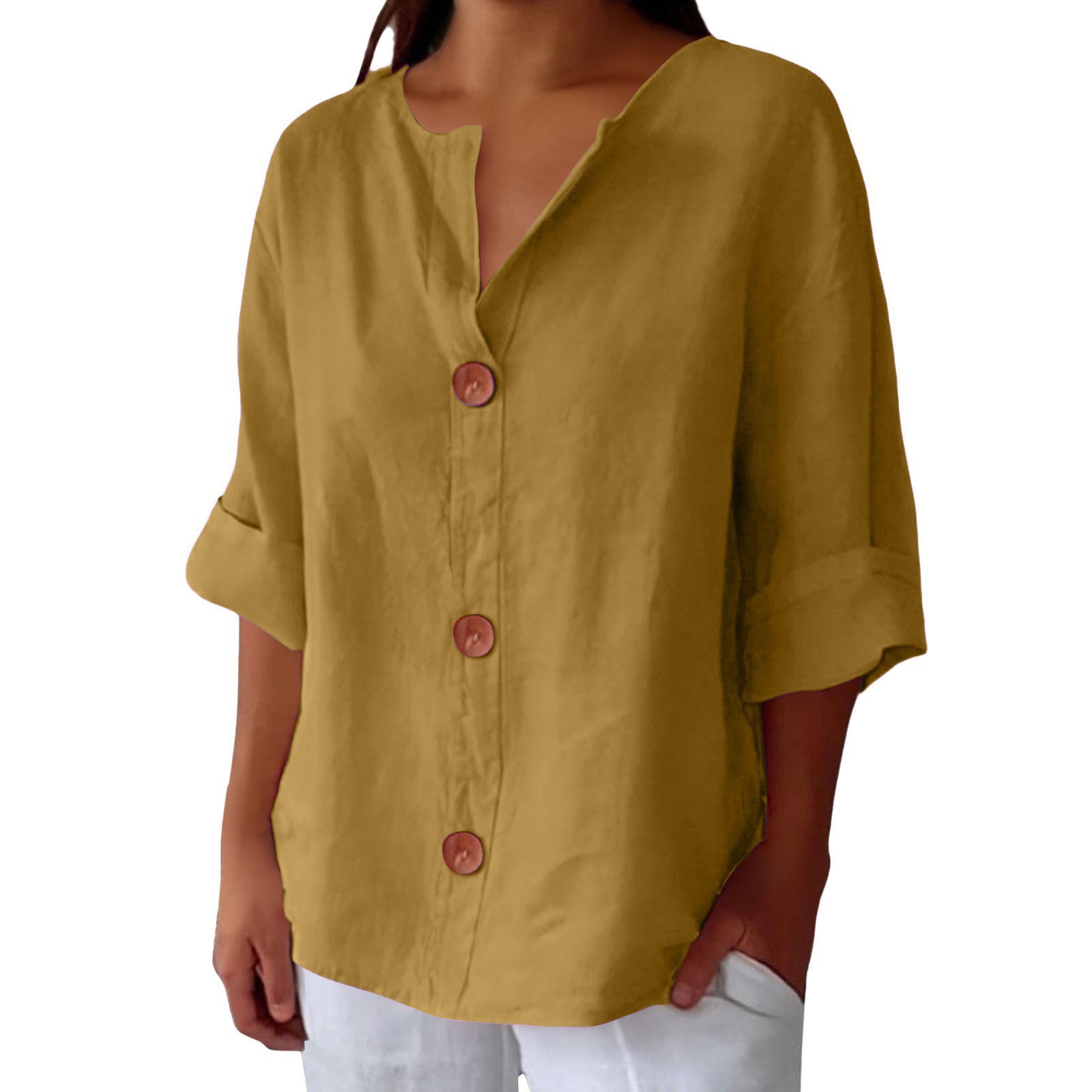 Women’s V-neck cotton linen buttoned blouse in multiple colors