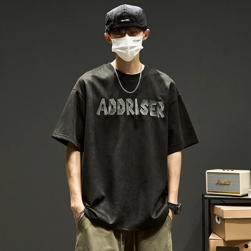 High-Street Embroidered Letter Crewneck Suede-Fleece Short Sleeve