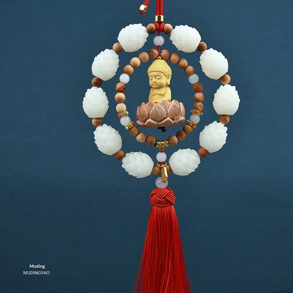 Boxwood Small Buddha Rearview Mirror Car Hanging Ornament Pendant