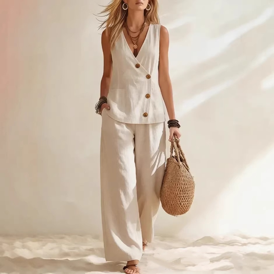 Women's Button Up Cardigan Vest Pants Set