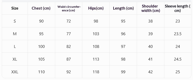 Size chart for ruffled hem maxi dress – XS S M L XL XXL measurements