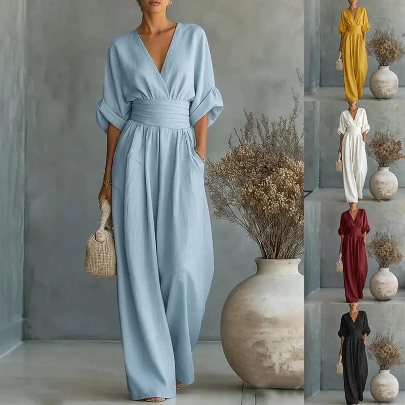 Summer Short-sleeved Jumpsuit Fashion Casual V-Neck Wide-Leg Pants Womens Clothing