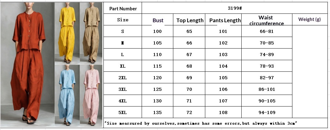 Size chart for three-quarter sleeve shirt and loose trousers two-piece set – S M L XL 2XL 3XL 4XL 5XL measurements