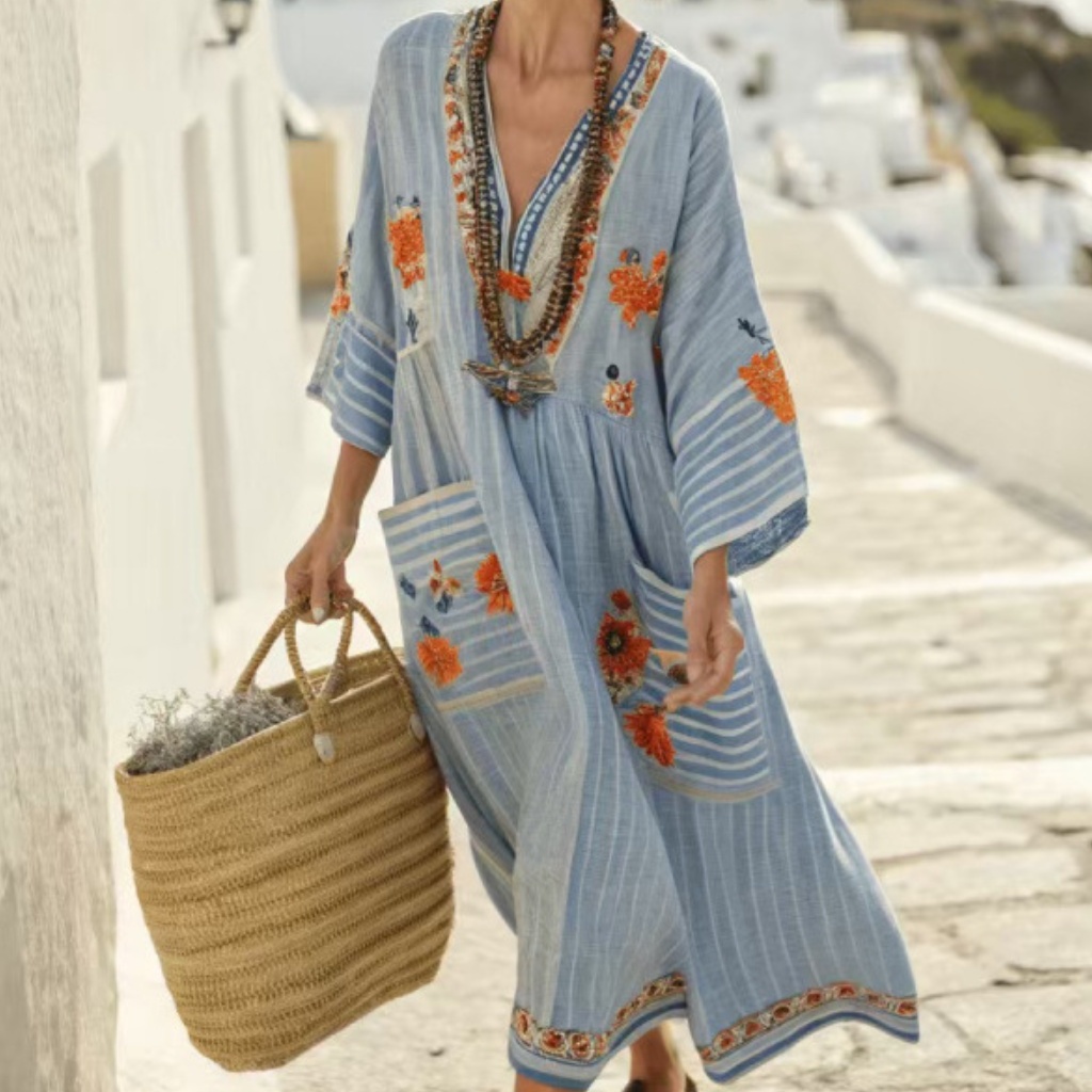 Beach Vacation Long Striped Embroidered Dress