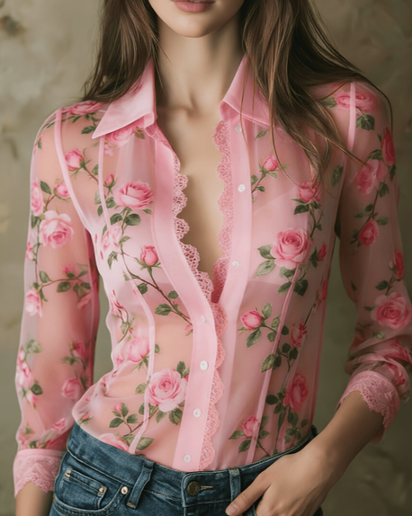 Lace V-neck Women's Long-sleeved Shirt