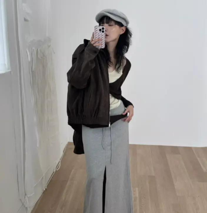 Korean-style Chic Skirt With A Front Slit And A Wide Drawstring Waist