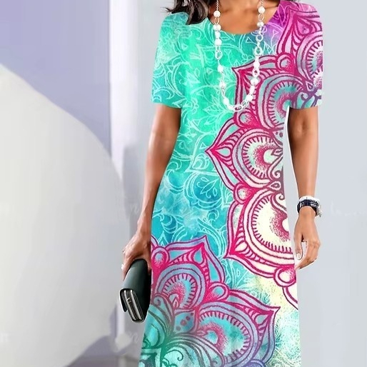 Womens Summer Classic 3D Digital Print Fashion Short-Sleeve Dress