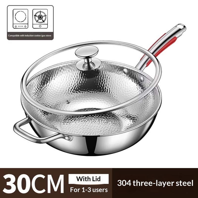 304 Stainless Steel Triple-Layer Thickened Non-Stick Wok With Hammered Finish Hand-Forged Coating-Free