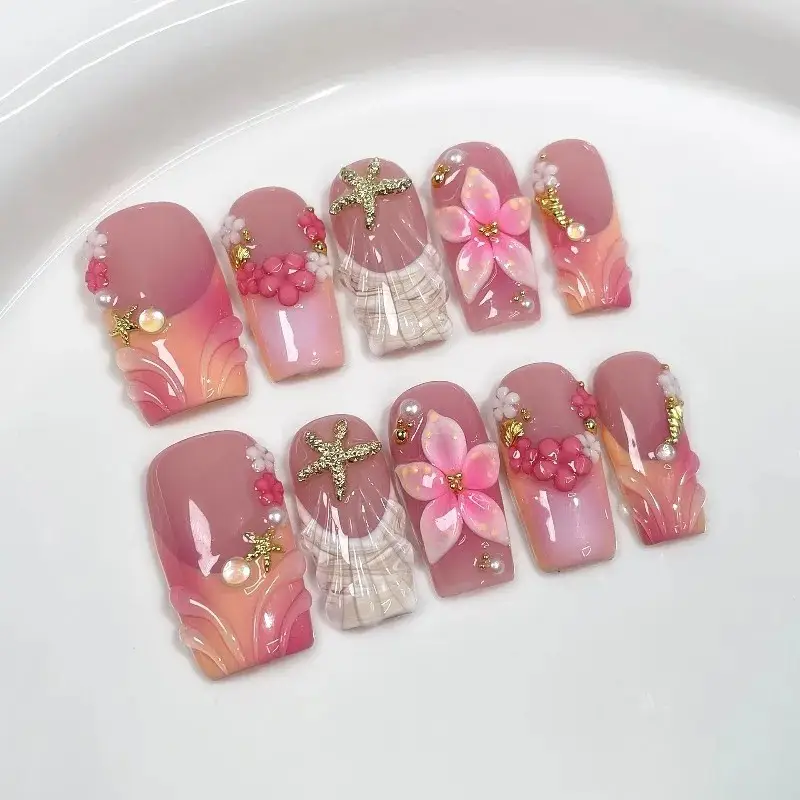 Dreamy Gradient Ocean Nail Art With 3D Floral French Tips