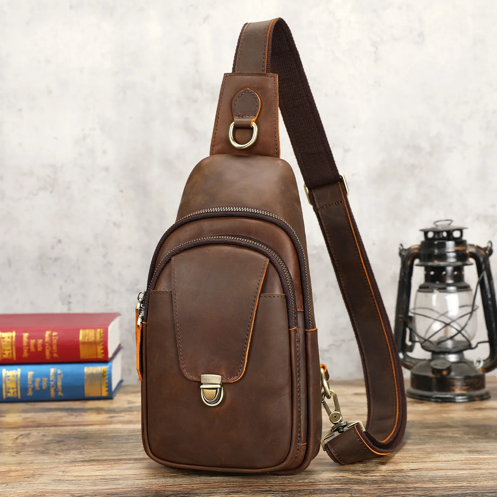 Full view of the premium leather chest bag