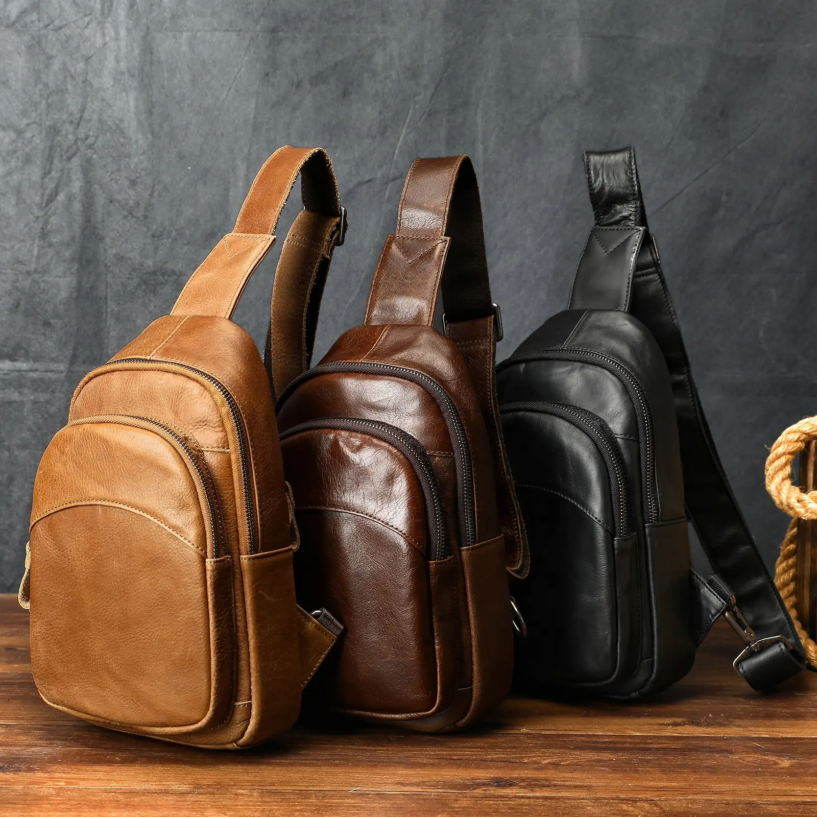 Mens Full-Grain Shoulder Casual Minimalist Chest Bag
