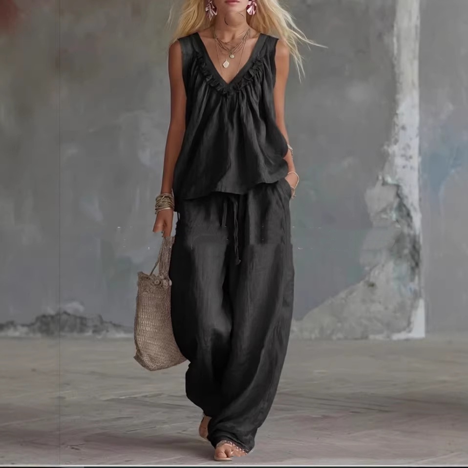 Casual Cotton Sleeveless Ruffle-Trim Top Set