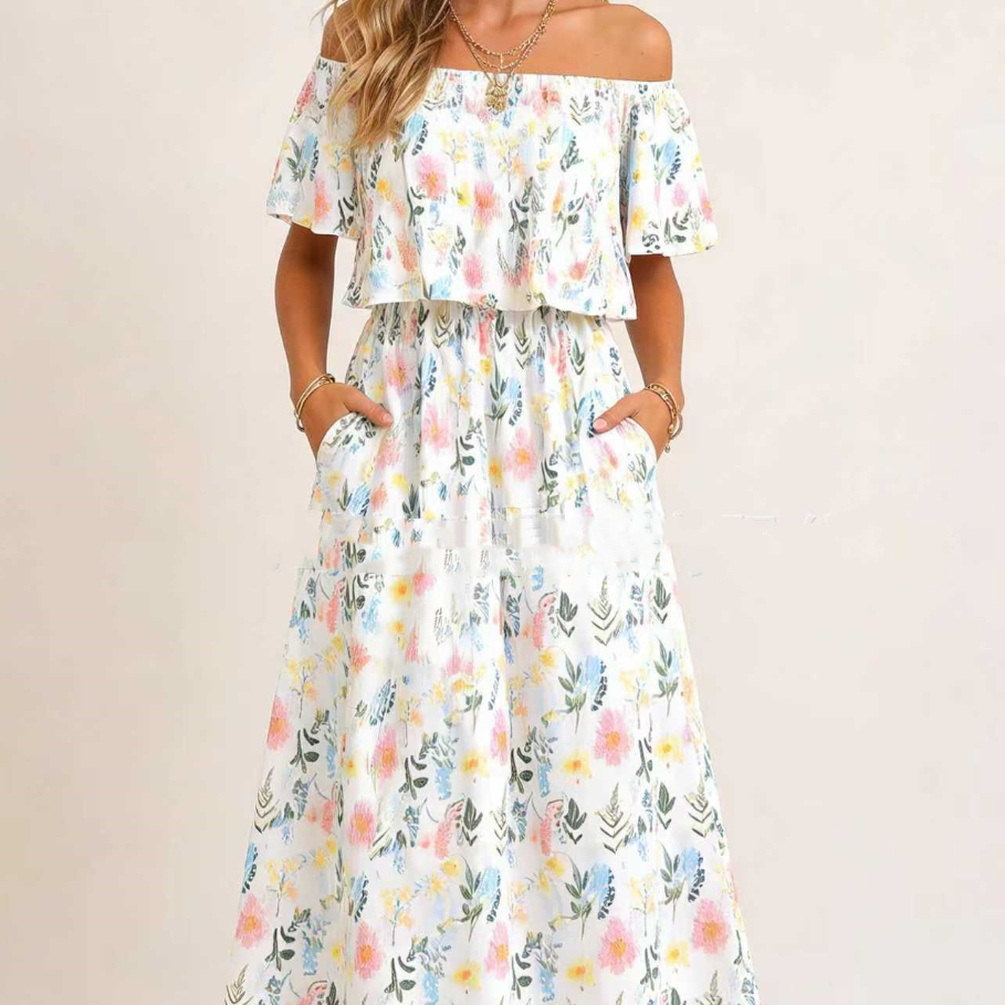 Printed Off-shoulder Short-sleeve Maxi Dress