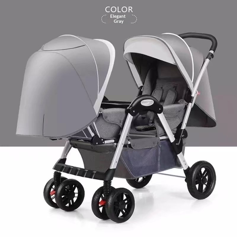 Poussette pliante inclinable pour deux personnes face à face avec absorption des
