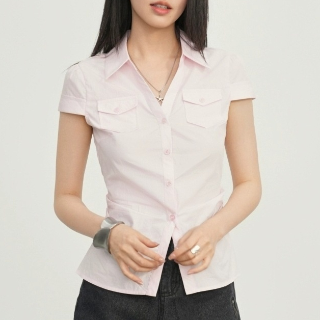 Short-sleeve Shirt  Elastic-waist Short Blouse  Cinched Waist  Sweet And Spicy Style