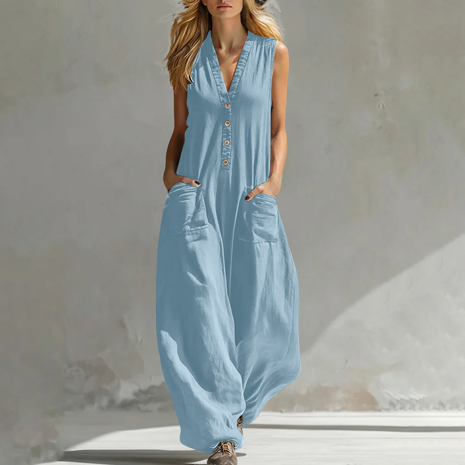 Womens Casual Linen-Cotton Sleeveless Jumpsuit With Two Pocket Straps