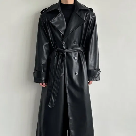 Men's Double-Breasted Leather Long Trench Coat