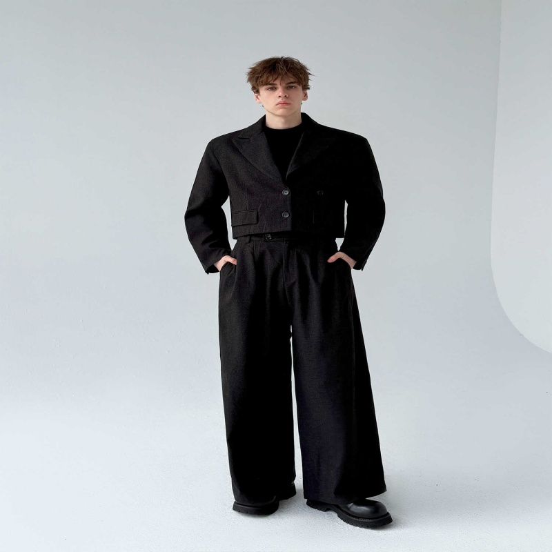 Retro-style Thickened Short Casual Suit With Wide-leg Pants