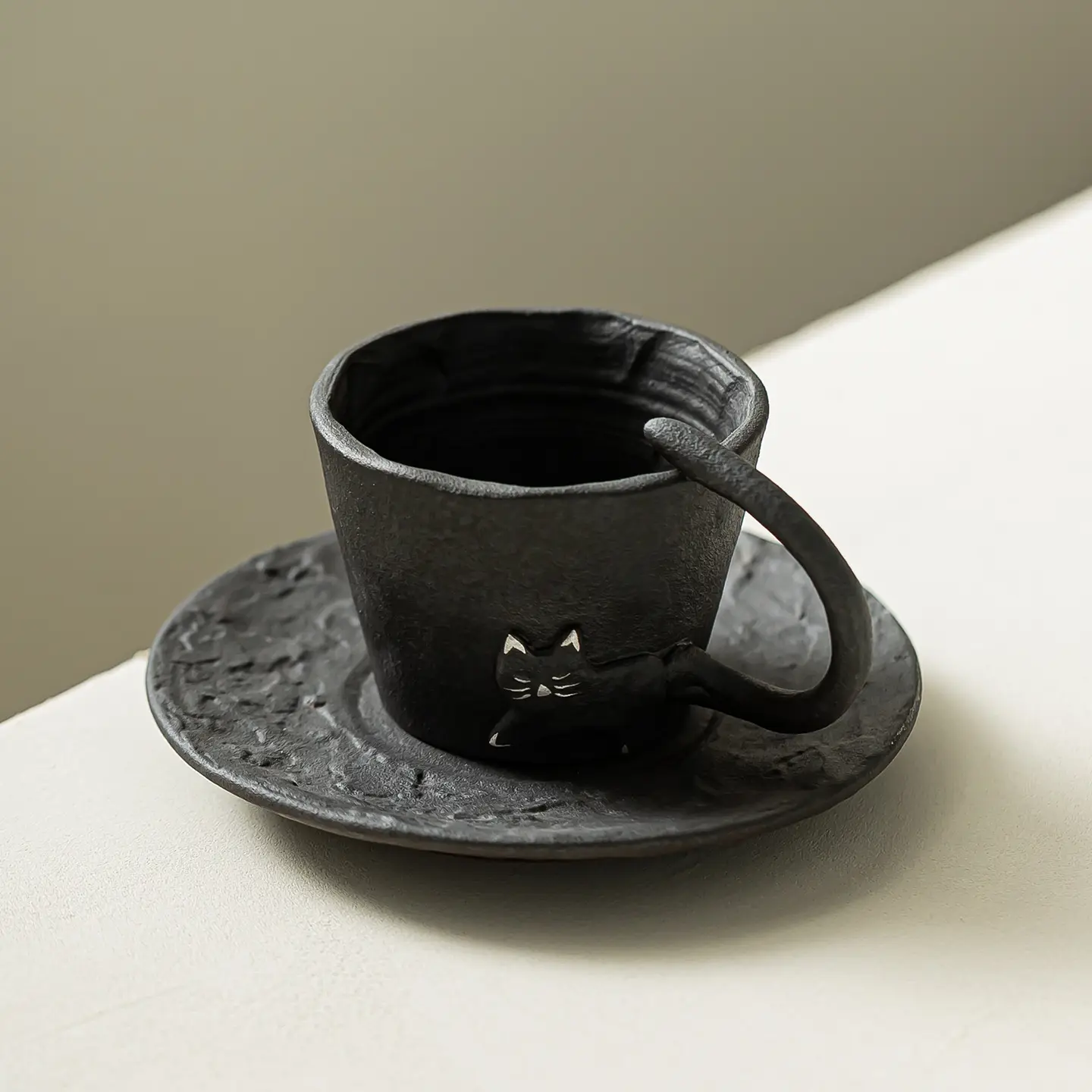 Black Creative Lucky Cat Coffee Mug With Saucer