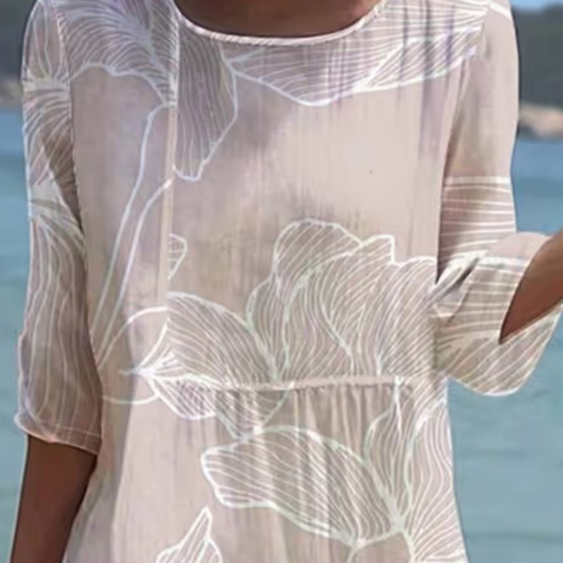 Women's Casual Round Neck Mid Sleeve Print Cotton And Linen Dress