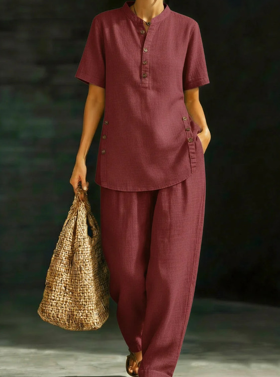White three-quarter sleeve shirt and wide-leg pants two-piece set – solid color casual women's fashion