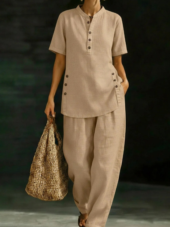 Red three-quarter sleeve shirt and wide-leg pants two-piece set – solid color casual women's style