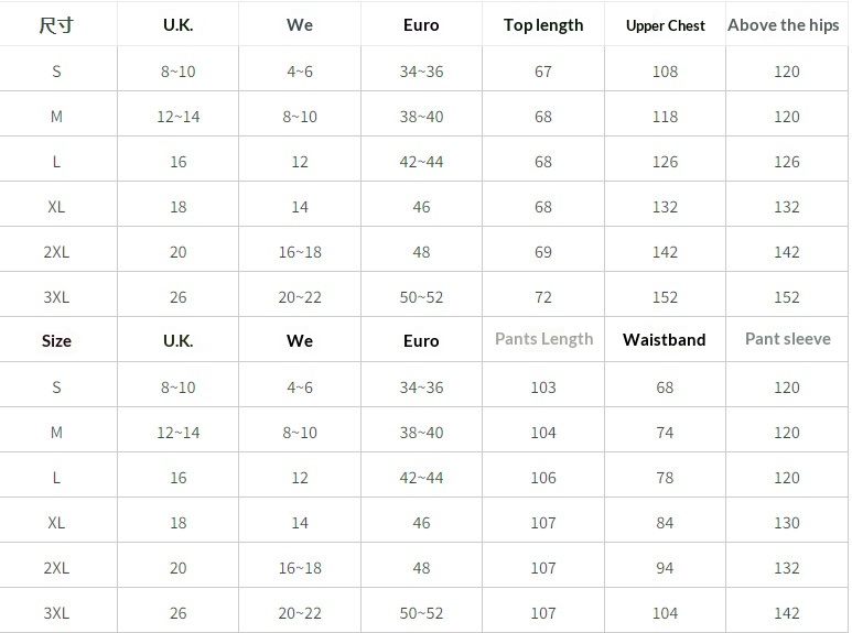 Size chart for three-quarter sleeve shirt and wide-leg pants two-piece set – S M L XL XXL 3XL measurements