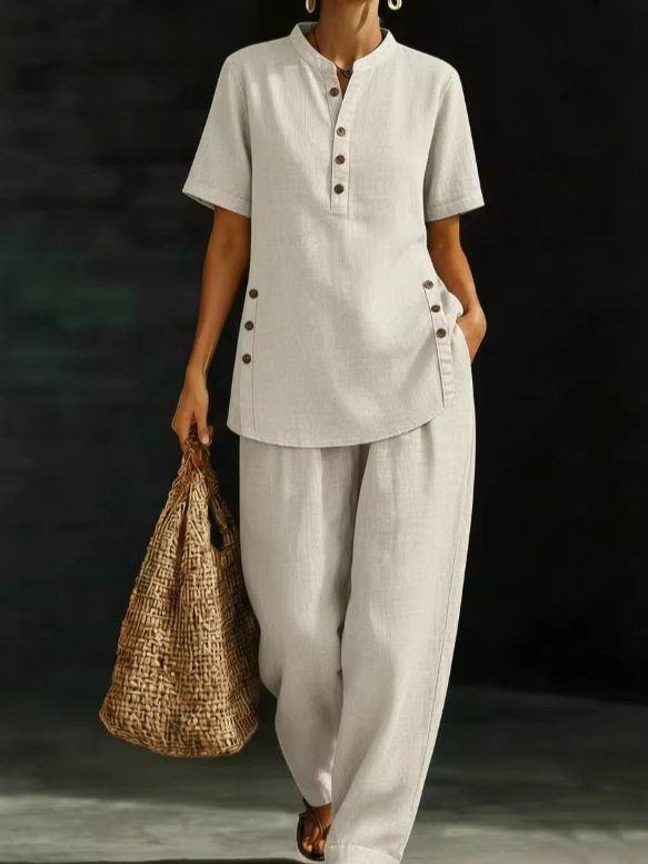 Khaki three-quarter sleeve shirt and wide-leg pants two-piece set – solid color casual women's fashion