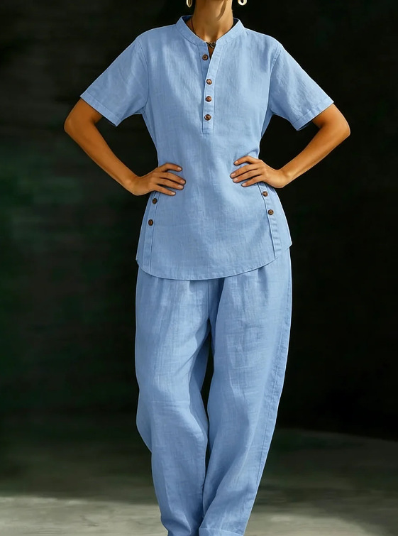 Three-quarter sleeve shirt and wide-leg pants two-piece set lifestyle photo – solid color casual women's style
