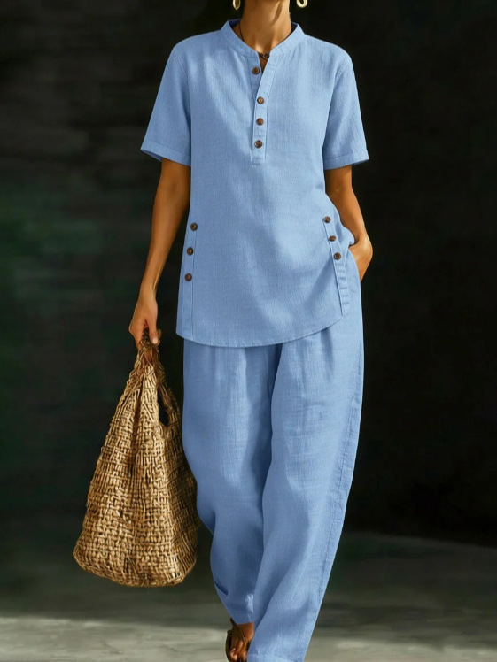 Blue three-quarter sleeve shirt and wide-leg pants two-piece set – solid color casual women's style