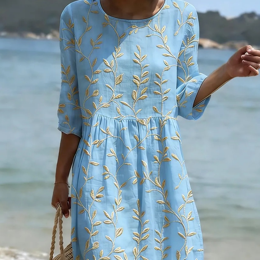 Women's Plant And Flower Print Round Neck Linen Blend Mid-Length Dress