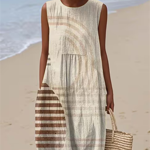 Women'S Round Neck Sleeveless Color-Block Printed Dress